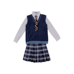 Customized navy blue female preppy style knitted sweater, British style contrasting V-neck shirt with contrasting colors, blue plaid school uniform skirt, British style school uniform manufacturer SSU-010 Customized navy blue female preppy style knitted sweater, British style contrasting V-neck shirt with contrasting colors, blue plaid school uniform skirt, British style school uniform manufacturer SSU-010